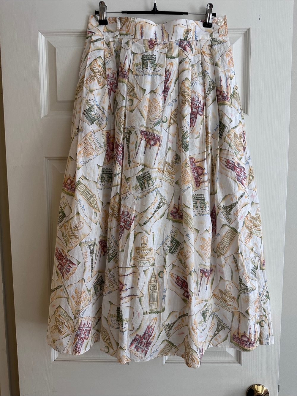 Vtg Cotton Cityscape Paris London Attractions Pleated MIDI Skirt 10